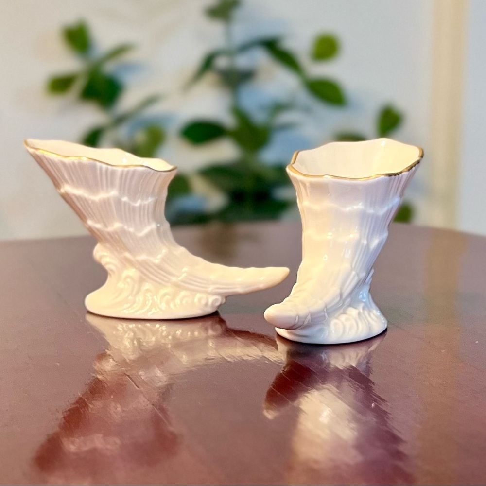 Lenox Cornucopia Mini Vases Set Of 2 Horn Of Plenty Porcelain Gold Rim 1990s 3”